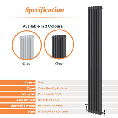 Plum&Clay Braxton Grey Double Vertical Column Radiator (H)1800mm (W)290mm
