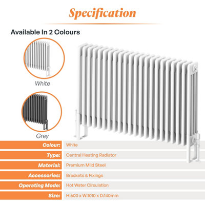 Plum&Clay Braxton White Quadruple Horizontal Column Radiator (H)600mm ...