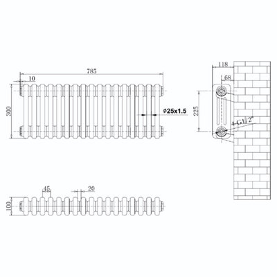 Plum&Clay Braxton White Triple Horizontal Column Radiator (H)300mm (W)785