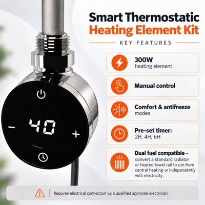 Plum&Clay Chrome Smart Electrical Thermostatic Radiator Heating Element ...