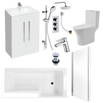 Plum&Clay Complete Bathroom Suite (W)1700 Right Hand L Shape Shower Bath, Vanity Unit, Toilet, Tap & Shower Set Price Comparisons | Compare The Build