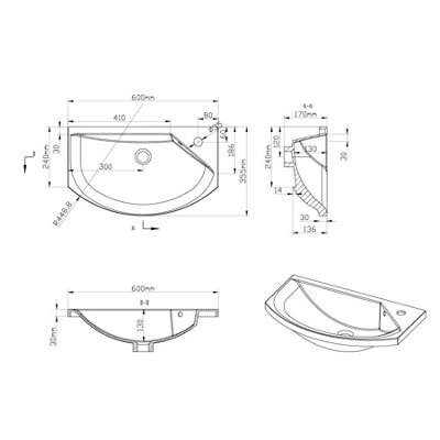 Plum&Clay Curved White Semi-Recessed Basin with Corner Tap Hole (W) 60cm