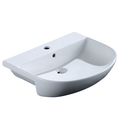 Plum&Clay Dante White Ceramic Short Projection Bathroom Semi Recessed Basin Sink with 1 Tap Hole