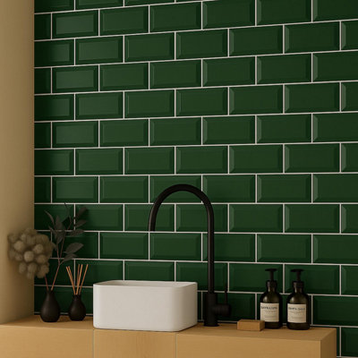 Plum&Clay Dark Green Gloss Metro Ceramic Wall Tile (L)200mm (W)100mm