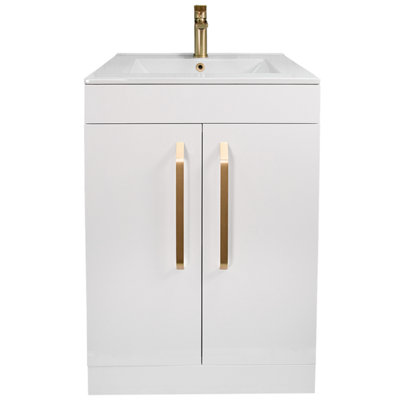 Plum&Clay Denver Gloss White Freestanding Vanity Unit & Basin Set with Gold Tap & Handles (W)615mm (H)850mm Price Comparisons | Compare The Build