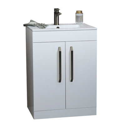 Plum&Clay Denver Gloss White Freestanding Vanity Unit & Basin Set with Gun Grey Tap & Handles (W)615mm (H)850mm Price Comparisons | Compare The Build