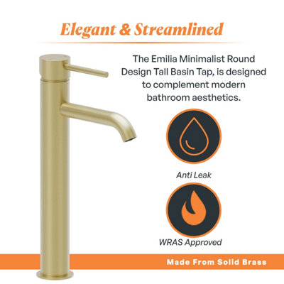 Plum&Clay Emilia Brushed Gold Round Deck-mounted Tall Basin Mono Mixer Tap
