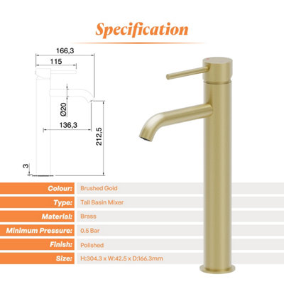 Plum&Clay Emilia Brushed Gold Round Deck-mounted Tall Basin Mono Mixer Tap