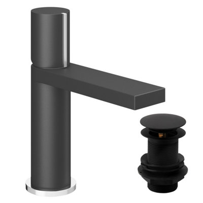 Plum&Clay Enzo Black & Chrome Round Deck-mounted Basin Mono Mixer Tap with Waste