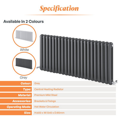 Plum&Clay Estelle Grey Horizontal Double Column Radiator (H)600mm (W)1340mm