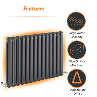 Plum&Clay Estelle Grey Horizontal Double Column Radiator (H)600mm (W)860mm