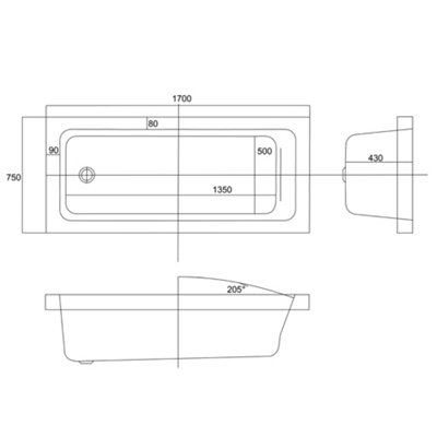 Plum&Clay Genoa White Super-Strong Acrylic Single Ended Straight Bath (L)1700mm (W)750mm
