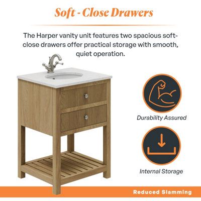 Plum&Clay Harper Ribbed Oak Wood Freestanding Vanity Unit & Basin Set ...