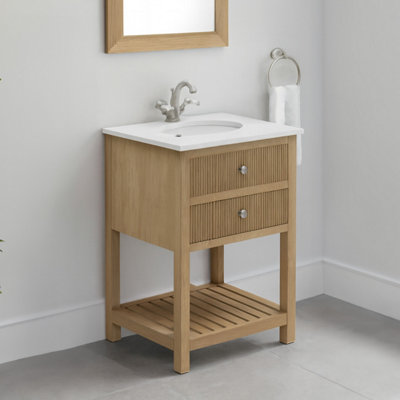 Plum&Clay Harper Ribbed Oak Wood Freestanding Vanity Unit & Basin Set ...