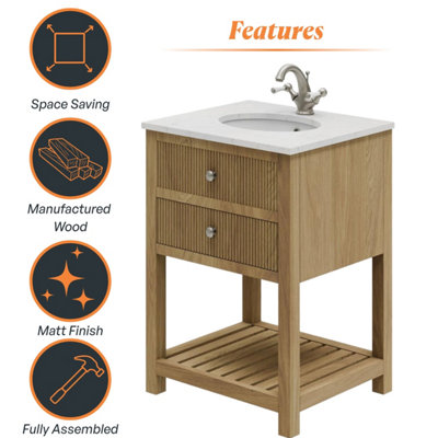 Plum&Clay Harper Ribbed Oak Wood Freestanding Vanity Unit & Basin Set ...