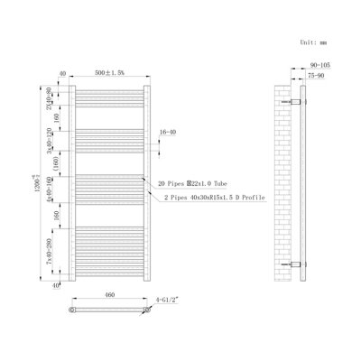 Plum&Clay Haze Grey Straight Ladder Heated Towel Rail (H)1200mm (W)500mm