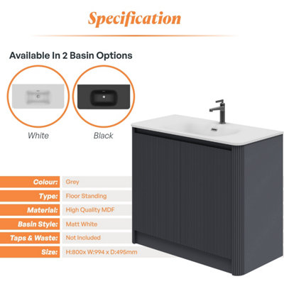 Plum&Clay Isla Ribbed Fluted Grey Freestanding Bathroom Vanity Unit ...
