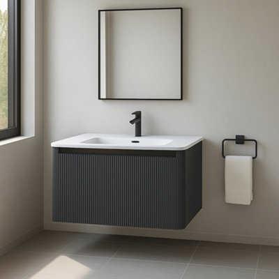 Plum&Clay Isla Ribbed Fluted Grey Wall Hung Drawer Vanity Unit & White ...