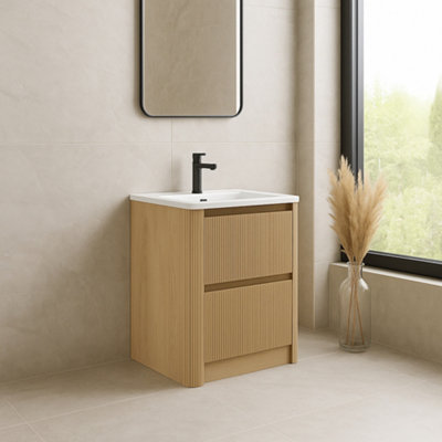 Plum&Clay Isla Ribbed Fluted Oak 2 Drawer Freestanding Bathroom Vanity ...