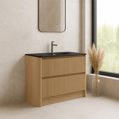 Plum&Clay Isla Ribbed Fluted Oak Wood 2 Drawer Freestanding Bathroom ...