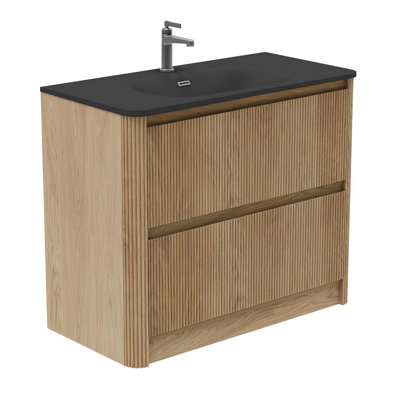 Plum&Clay Isla Ribbed Fluted Oak Wood 2 Drawer Freestanding Bathroom ...