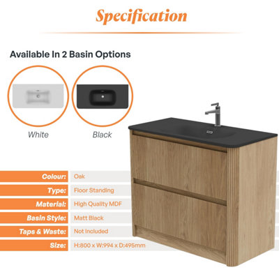 Plum&Clay Isla Ribbed Fluted Oak Wood 2 Drawer Freestanding Bathroom ...