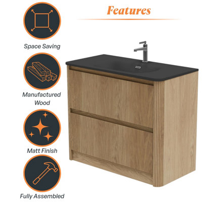 Plum&Clay Isla Ribbed Fluted Oak Wood 2 Drawer Freestanding Bathroom ...
