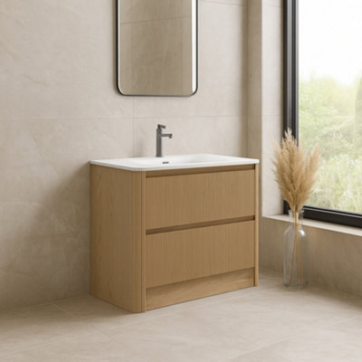 Plum&Clay Isla Ribbed Fluted Oak Wood 2 Drawer Freestanding Bathroom ...