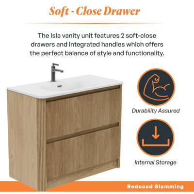 Plum&Clay Isla Ribbed Fluted Oak Wood 2 Drawer Freestanding Bathroom ...