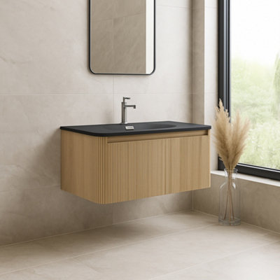 Plum&Clay Isla Ribbed Fluted Oak Wood Wall Hung Drawer Vanity Unit ...
