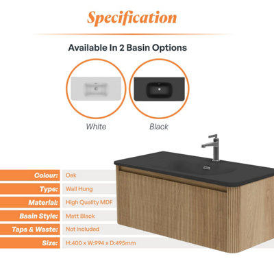 Plum&Clay Isla Ribbed Fluted Oak Wood Wall Hung Drawer Vanity Unit ...