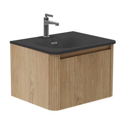 PLUM&CLAY ISLA RIBBED FLUTED OAK WOOD WALL HUNG DRAWER VANITY UNIT ...