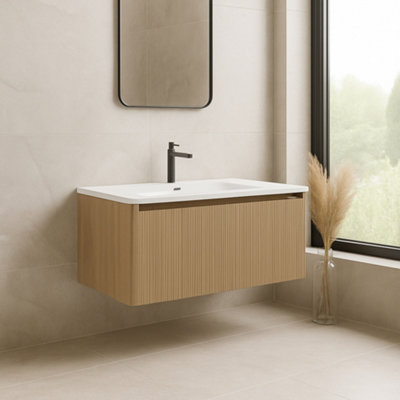 Plum&Clay Isla Ribbed Fluted Oak Wood Wall Hung Drawer Vanity Unit ...