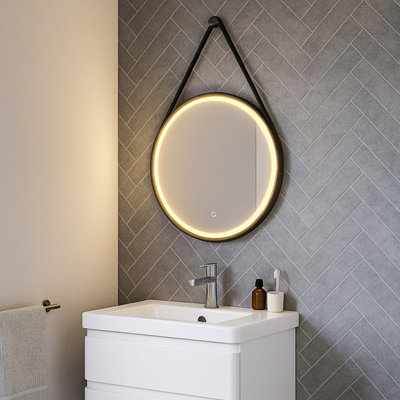 Plum&Clay Janie LED Black Circular Hanging Bathroom Mirror with Strap (H)900mm (W)600mm