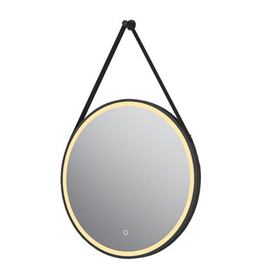 Plum&Clay Janie LED Black Circular Hanging Bathroom Mirror with Strap (H)900mm (W)600mm