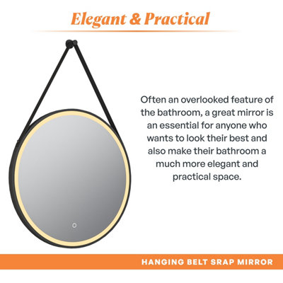 Plum&Clay Janie LED Black Circular Hanging Bathroom Mirror with Strap (H)900mm (W)600mm