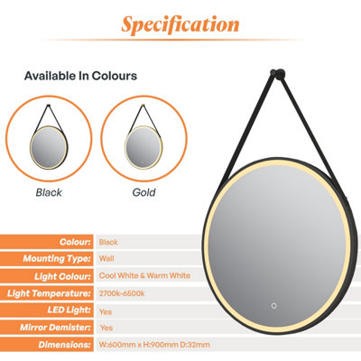 Plum&Clay Janie LED Black Circular Hanging Bathroom Mirror with Strap (H)900mm (W)600mm