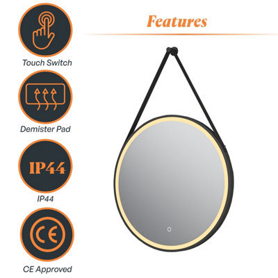 Plum&Clay Janie LED Black Circular Hanging Bathroom Mirror with Strap (H)900mm (W)600mm