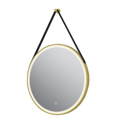 Plum&Clay Janie LED Gold Circular Hanging Bathroom Mirror with Strap (H)900mm (W)600mm