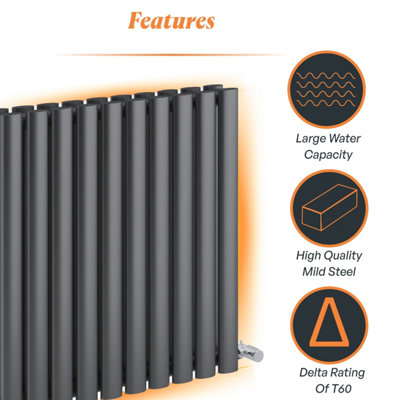 Plum&Clay Kensington Grey Double Horizontal Radiator (H)600mm (W)1360mm