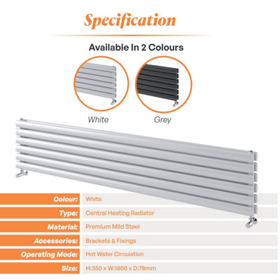 Plum&Clay Kensington White Double Horizontal Radiator (H)350mm (W)1800mm