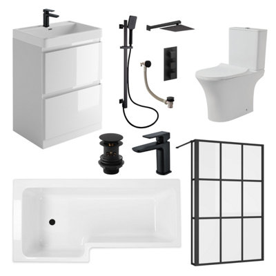 Plum&Clay L Shaped Bathroom Suite (W)1700 Left Hand Bath, (W)600 Vanity Unit, Rimless Toilet WC, Taps & Shower