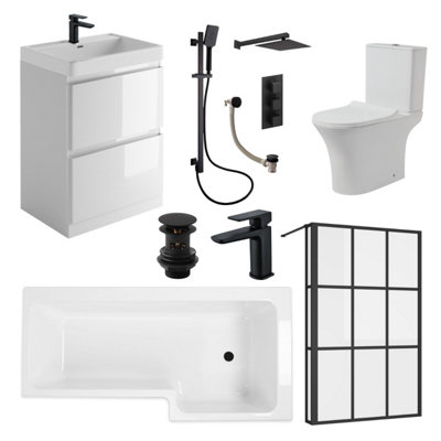 Plum&Clay L Shaped Bathroom Suite (W)1700 Right Hand Bath, (W)600 Vanity Unit, Rimless Toilet WC, Taps & Shower
