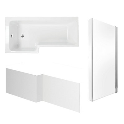 Plum&Clay Lazaro Strong Acrylic White L-shaped Left-handed Shower Bath, Panel & Bath Screen (L)1700mm