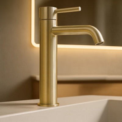 Plum&Clay Levi Brushed Gold Round Deck-Mounted Tall Basin Mono Mixer Tap