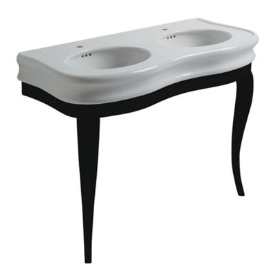 Plum&Clay Lyana Traditional Double Console Basin with Gloss Black Wooden Leg Stand