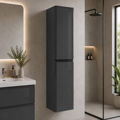 Plum&Clay Marvel Gloss Dark Grey Wall Hung Bathroom Tall Storage Unit
