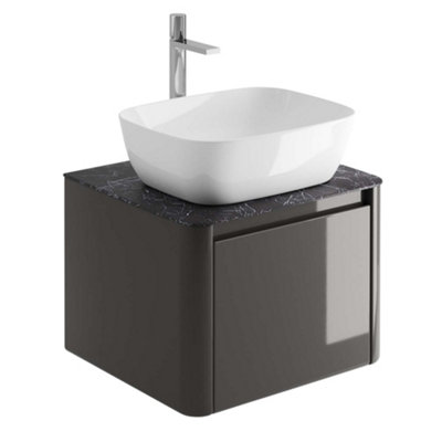 Plum&Clay Mayfair Gloss Dark Grey Wall Hung Bathroom Vanity Unit with Black Slate Countertop (W)550mm (H)406mm