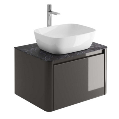 Plum&Clay Mayfair Gloss Dark Grey Wall Hung Bathroom Vanity Unit with Black Slate Countertop (W)650mm (H)406mm