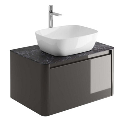 Plum&Clay Mayfair Gloss Dark Grey Wall Hung Bathroom Vanity Unit with Black Slate Countertop (W)750mm (H)406mm